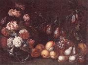 unknow artist Still life of Roses and convulvuli in a Glass vase,Together with peaches,grapes,pears and plums painting
